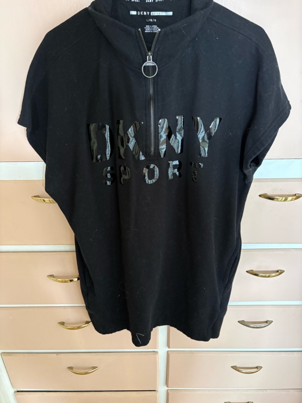 DKNY Black Short Sleeve Zip Front Logo Pullover